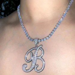 Bling Crystal A-Z Cursive Initial Letter Pendant Necklace For Women Luxury Iced Out Zircon Tennis Chain Necklace Hip Hop Jewelry