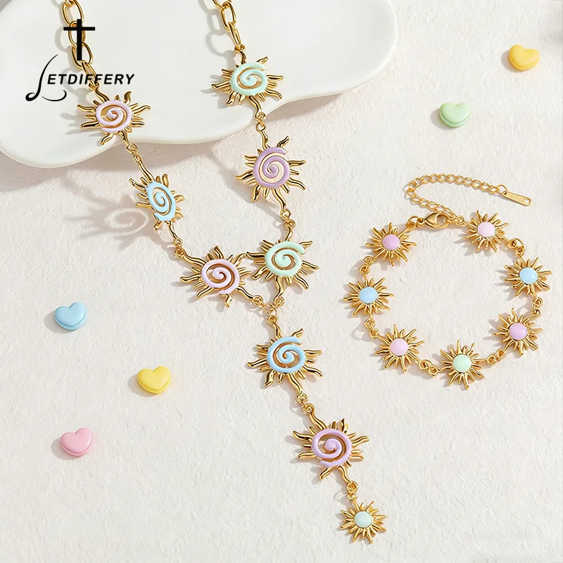 Letdiffery Official Store Distinctive Stainless Steel Necklace Colorful Sun Chain Bracelet Golden Fashion Jewelry Set for Women