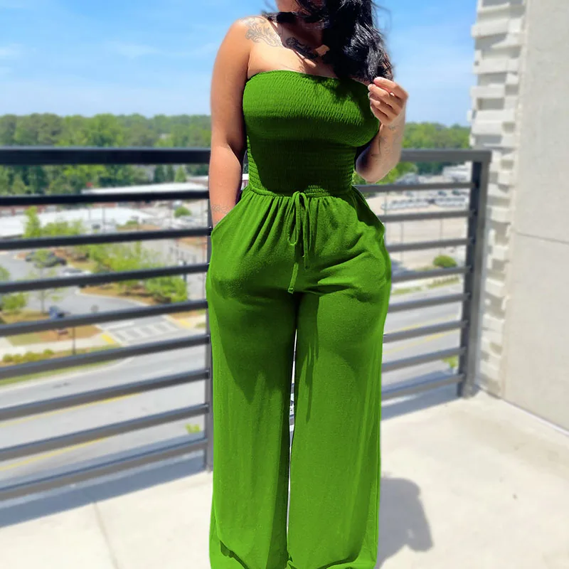 

Solid Pocket Straight Jumpsuits Woman Sleeveless Off Shoulder Strapless Rompers Womens Jumpsuit Drawstring Ruched Wide Leg Pants