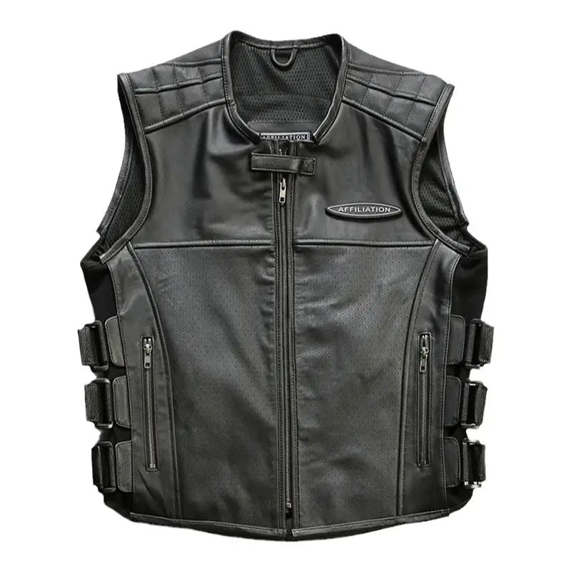 Black Autumn Leather Vest Men Motorcycle Style Plus Size 3XL Natural Cowhide Slim Fit Can Add Protective Gear Vest