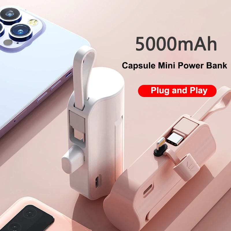 

5000mAh Capsule Mini Power Bank with Type C Plug Portable Charger Powerbank for iPhone 16 Samsung Huawei Xiaomi External Battery
