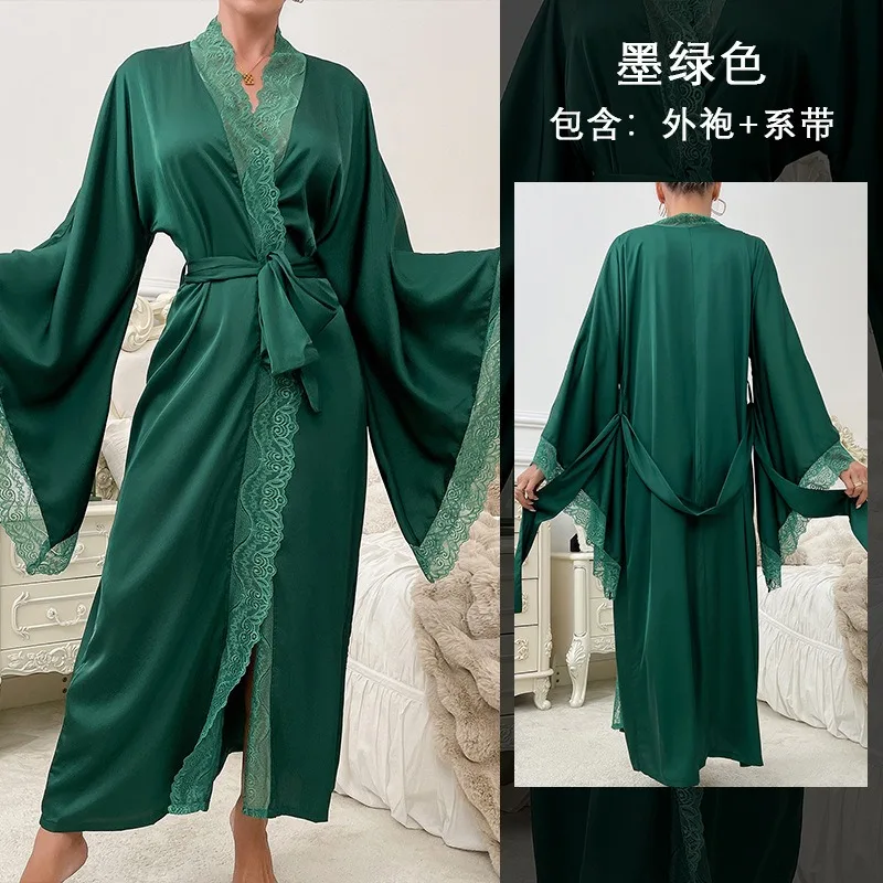 New Satin Pajamas for Women Lace Luxury Long-sleeved Cool Feel Nightgown Bathrobe style sleep wear  for Women