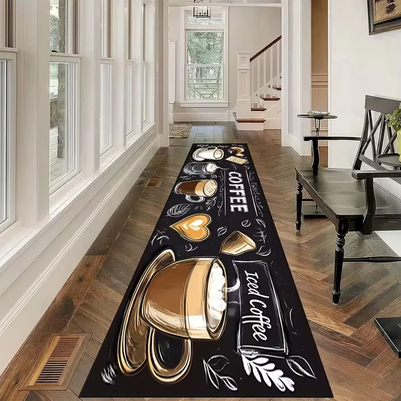 VIKAMA Coffee Cup Vintage Print Runner Mat Non Slip Stain Resistant Long Rug Kitchen Hallway Entry Decor Floor Carpet