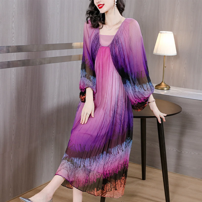 

2023 New Fashion Silk Dress Women's Autumn Versatile Mulberry Silk V-Neck Long Sleeve Loose Fit Casual Holiday Dress Vestidos