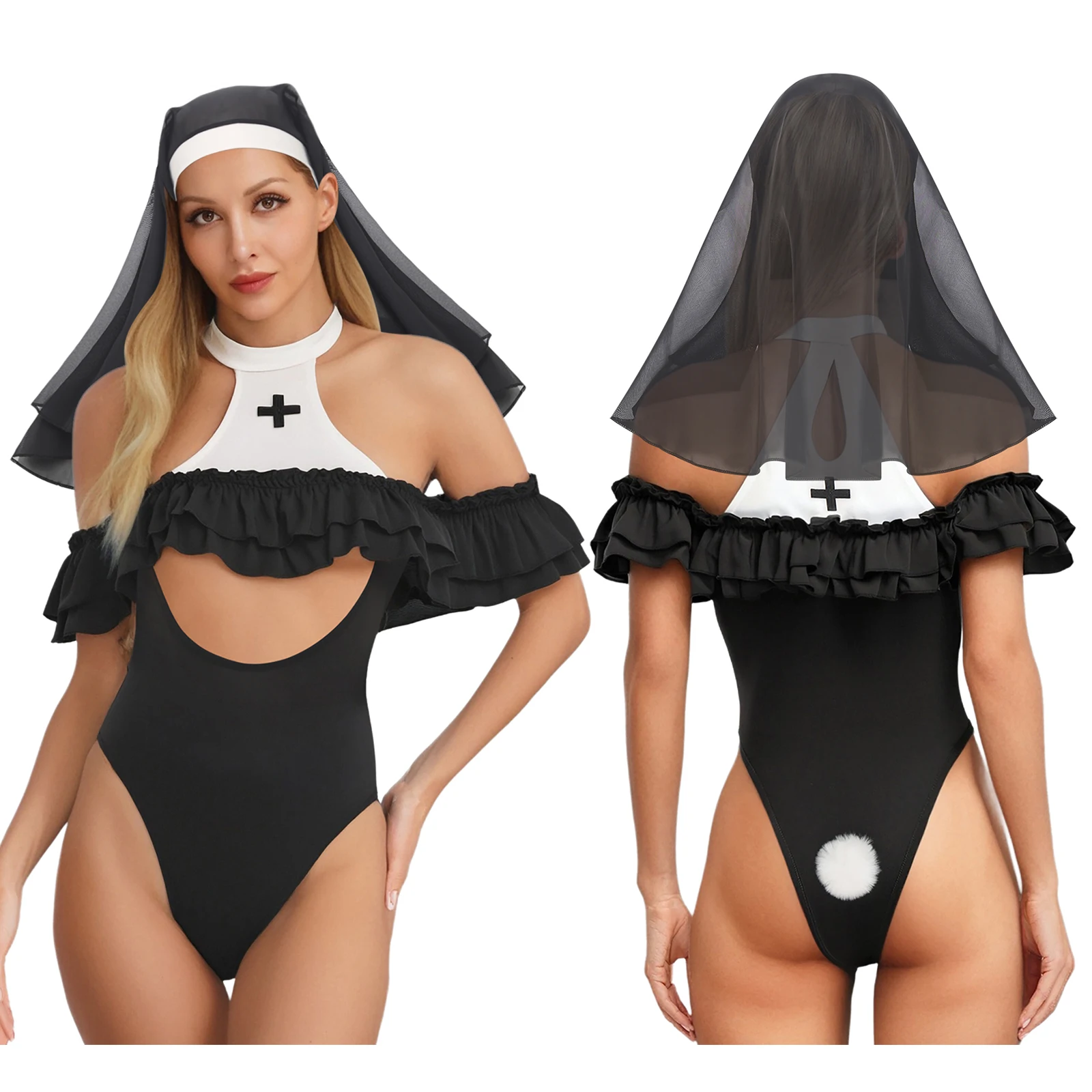 

Women Nun Sister Cosplay Costume Wet Look Lingerie Outfits Tiered Ruffled Leotards Bodysuit Pompom Bunny Tail And Veil Nightwear