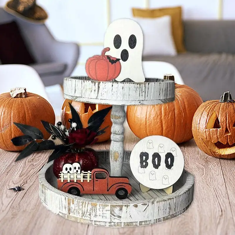 Halloween Tiered Tray Decorations Set Cute Ghost Halloween Wooden Signs Farmhouse Decorations Tabletop Decoration Halloween