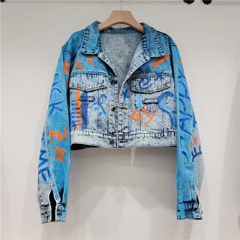 

Spring Autumn New Hand-painted Graffiti Letter Printing Short Denim Jacket Women Casual Loose Lapel Long Sleeve Cowboy Outerwear