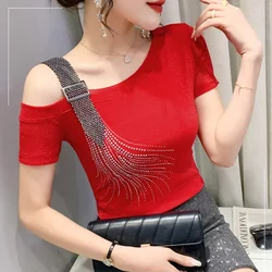 SALE Summer Short Sleeved Off The Shoulder Women's T-Shirt Elegant Slim Solid Color Hot Diamond Mesh Tops
