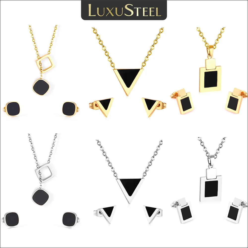 LUXUSTEEL Vintage Black White Shell Pendant Necklace Earrings Sets For Women Men Gold Color Stainless Steel Dubai Jewelry Sets