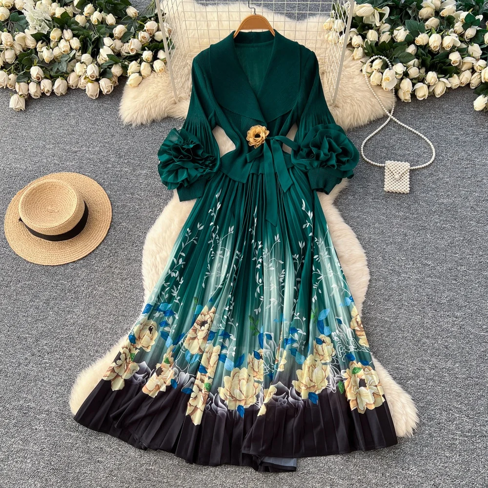 

Clothland Women Sweet Green Pleated Wrap Dress Cross Design Lantern Sleeve Sashes One Piece Female Chic Midi Dresses QE322