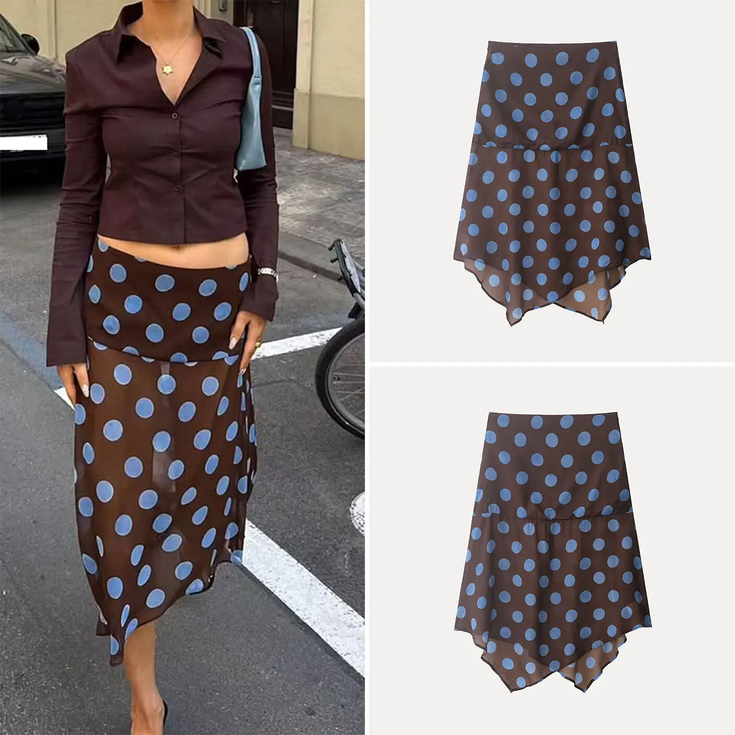 

Women's Summer Asymmetric Midi Skirt Transparent Polka Dot Fashionable Half-length Skirts Standard Waist Design ZADATA Brand