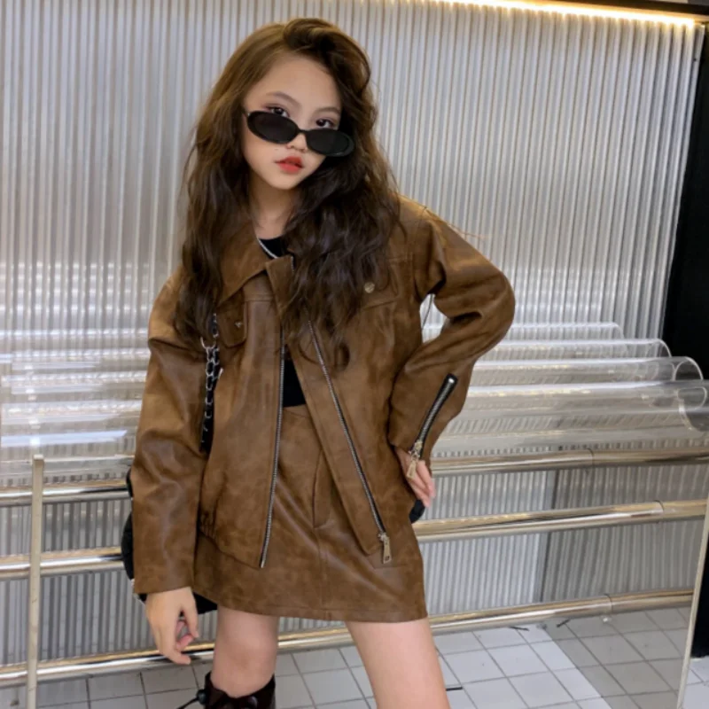 

Girls' Clothing Set Spring and Autumn New Style Children's Elegant Leather Jacket+Short Skirt 2-piece Set