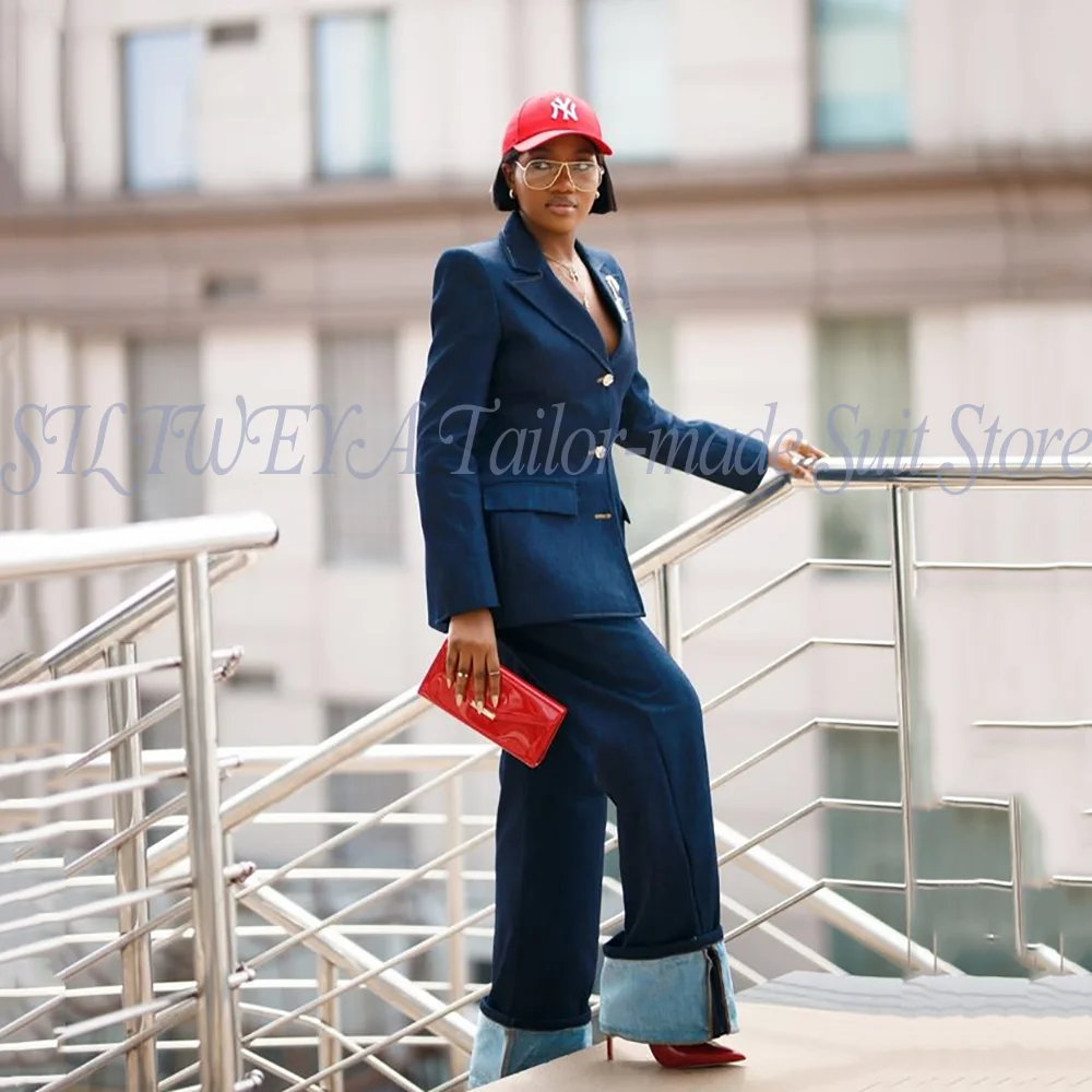 2026 New Style Women's 2 Piece Suit Set Single Breasted Blazer Set Denim Wide Leg Pants Casual Streetwear Formal Office Outfit