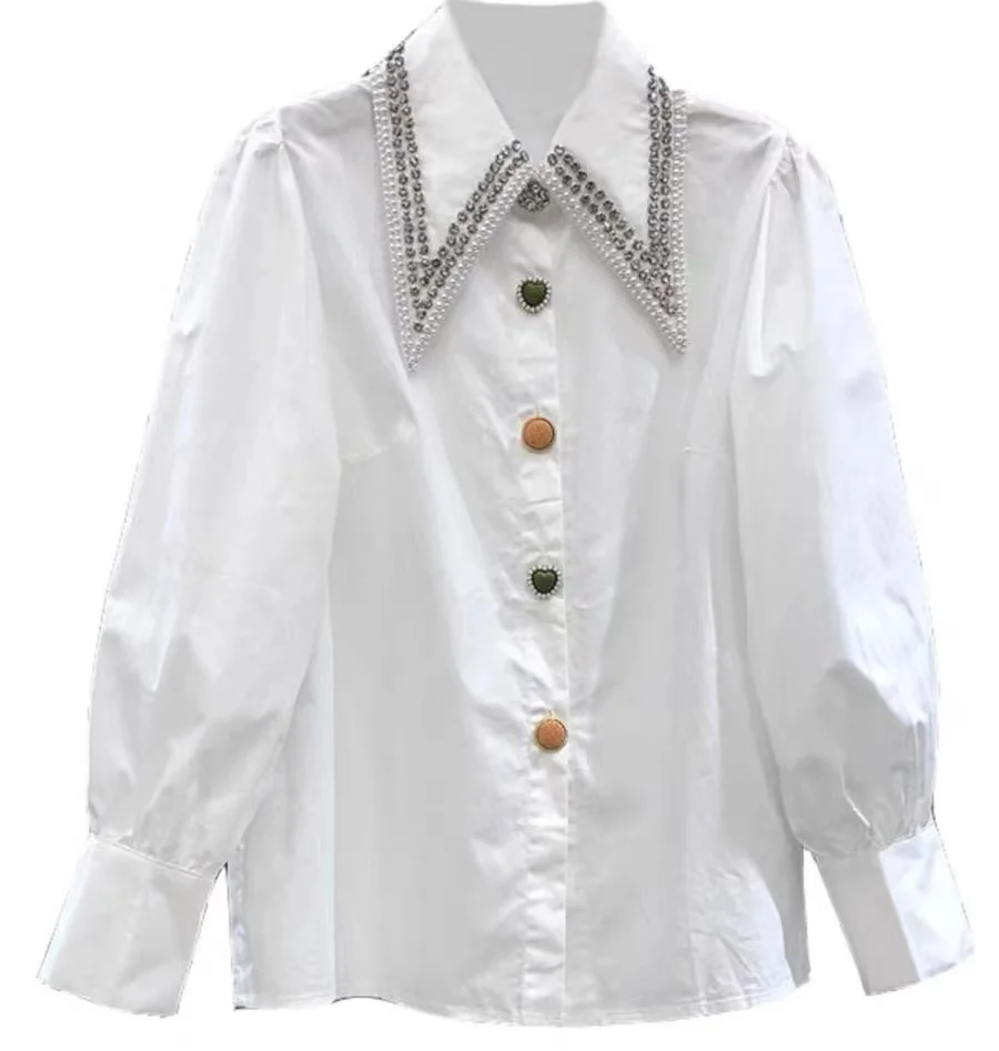 Beaded Diamonds Women Shirts and Blouses 2024 Spring New Solid Color Long-Sleeve Office Lady Work Shirts Outwear Tops