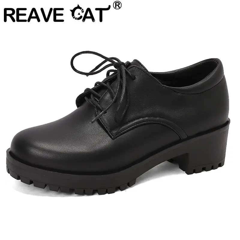 

Бренд REAVE CAT 2025 Женские туфли-лодочки для отдыха с круглым носком и блочным каблуком 5 см на шнуровке Большой размер 43 44 45 Мягкая повседневная обувь для девочек в консервативном стиле