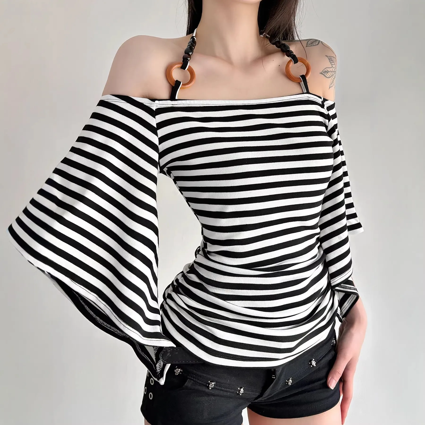 Off Shoulder Striped Top Regular Length Sexy with Bell Sleeve T Shirt Hooded Slim Fit Tie Detail Mid Sleeve Retro Women T Shirts
