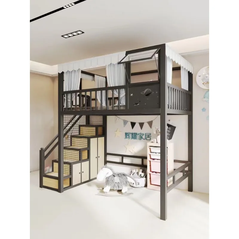 

Multifunctional space-saving elevated bed sheet upper floor apartment duplex loft bed wrought iron high and low bed small apartm