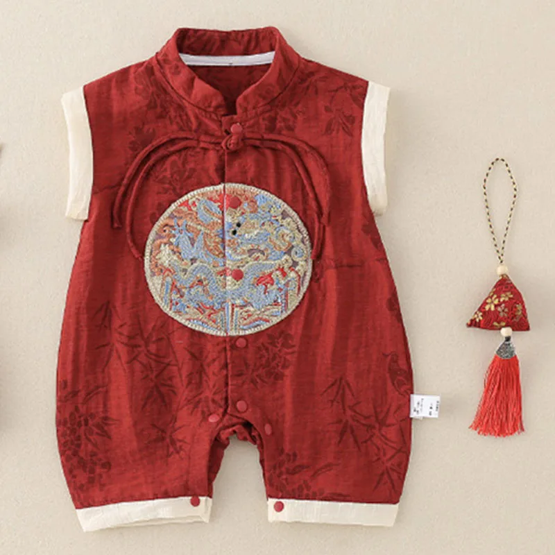 

Комплекты из 2 предметов, летняя одежда для маленьких мальчиков, красный хлопковый комбинезон без рукавов в китайском стиле с новогодней вышивкой, товары для новорожденных B265