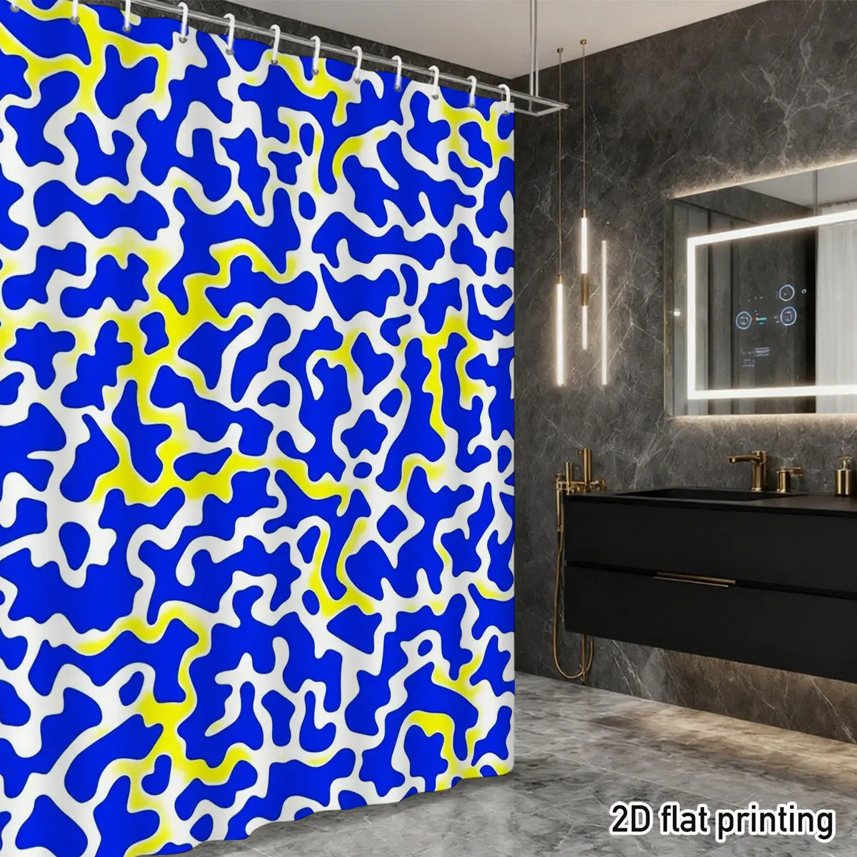 Abstract Blue & Yellow Amorphous Pattern Shower Curtain White Base Bold Fluid Shapes Polyester Bathroom Decor