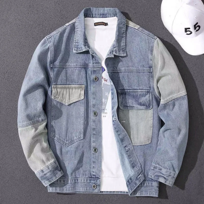 Ins Simple Spring and Autumn Style Korean Edition Cowboy Shirt Long Sleeve Jacket Flip Collar Outerwear Jacket for Men