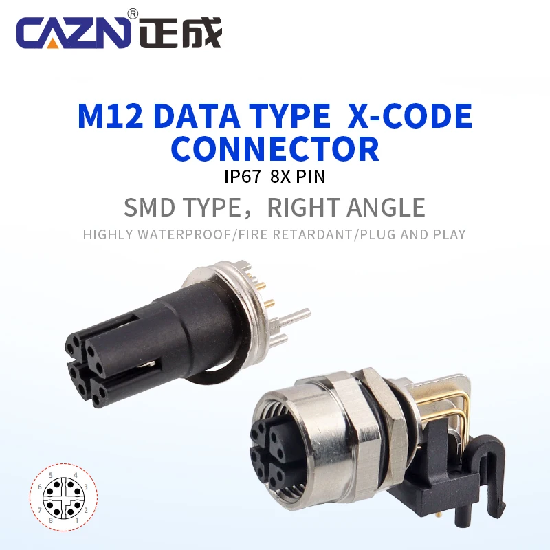 CAZN Factory M12 SMD Connectors Surface Mount Male Female 8Pins X code Straight Flush Type Socket Metal shell