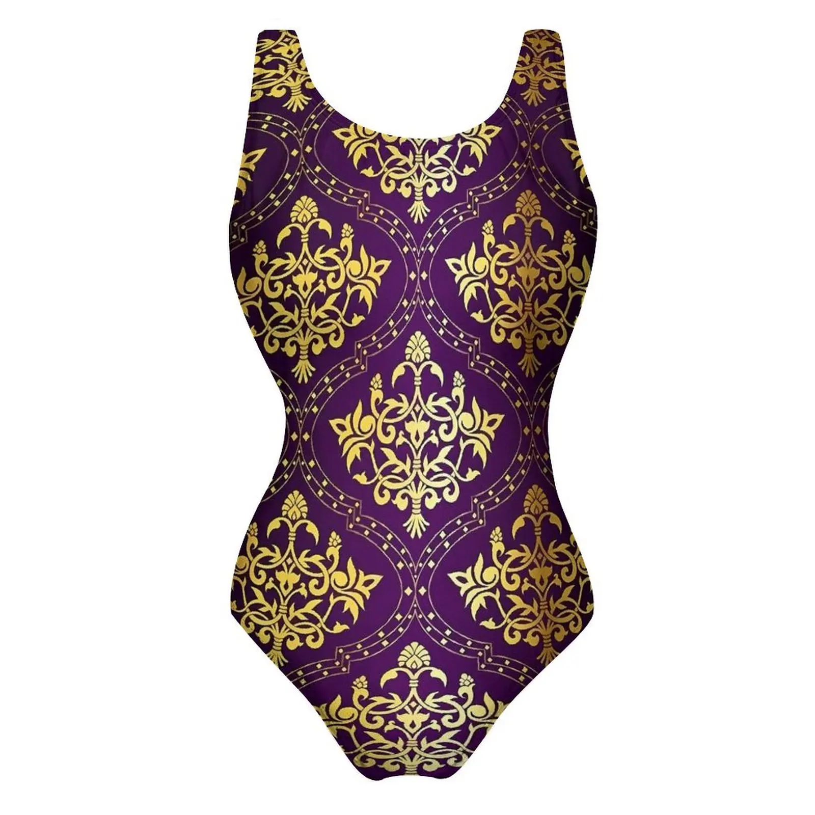 Vintage Damask Swimsuit Purple And Gold One Piece Swimwear Push Up Sweet Monokini Sexy Vacation Bath Design Swimsuits