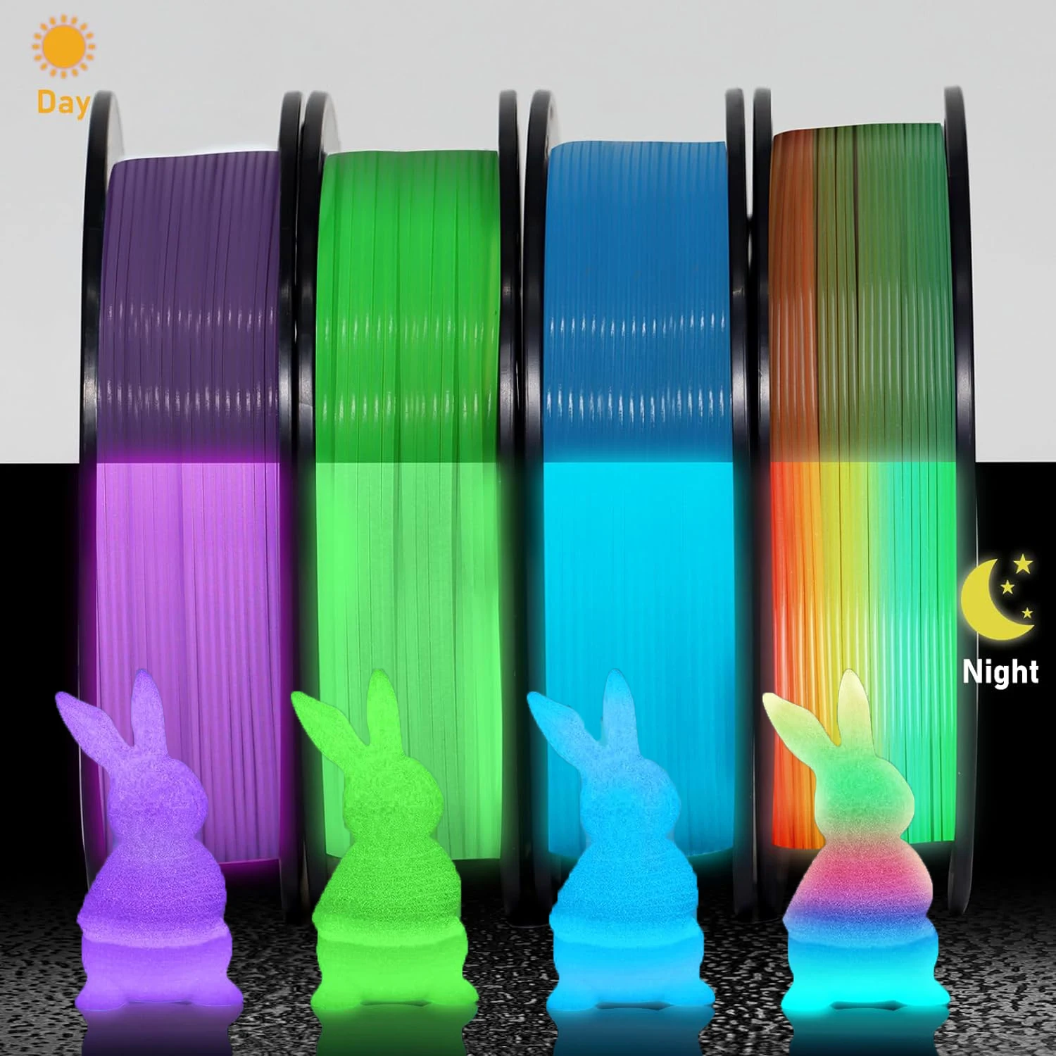 

Glow in The Dark Filament Multicolor, Green, Blue, Purple and Rainbow, PLA Filament 1.75 mm, 3D Printer Filament Bundle,