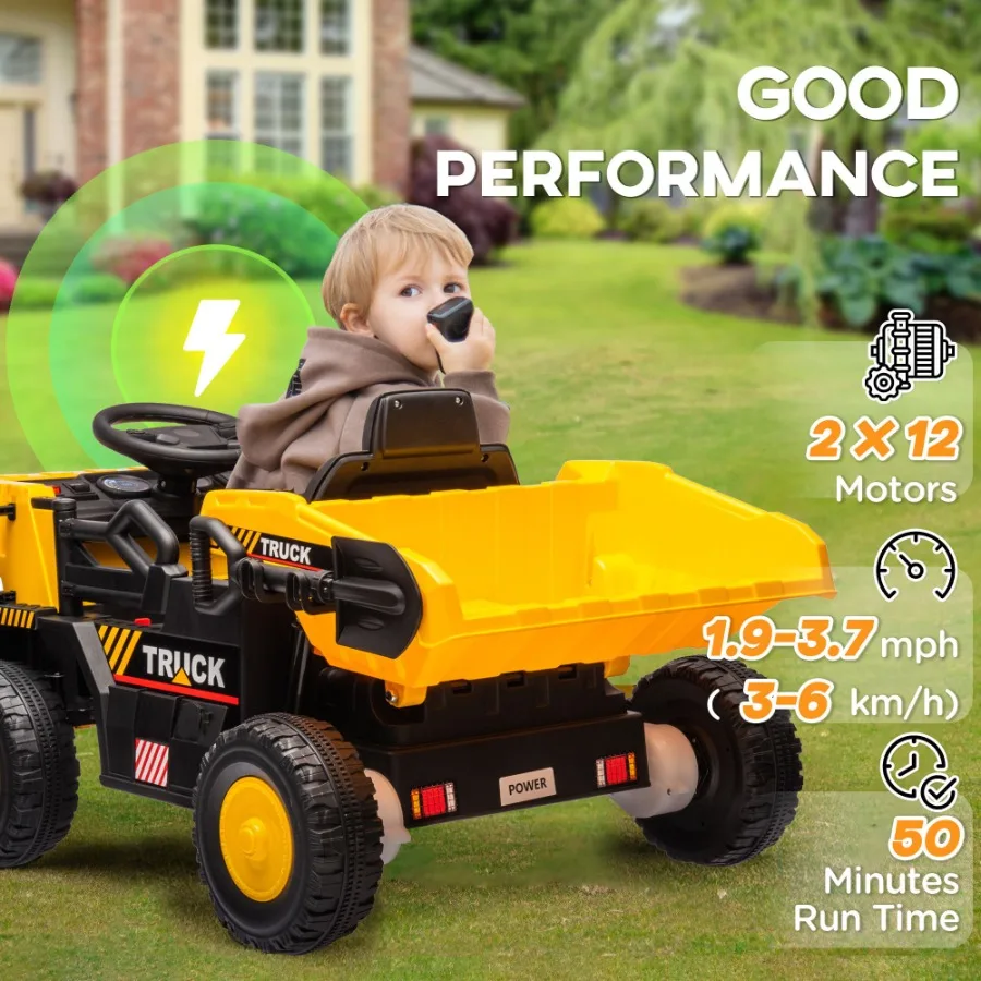 Qaba Ride on Dump Truck 12V Ride on Car with Electric Dump Bed and Extra Shovel Spring Suspension Wheels Music Player LED light