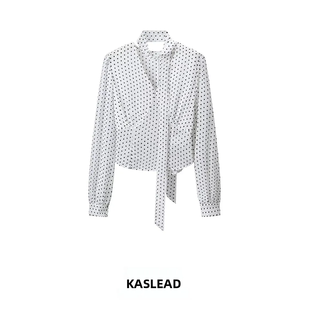 KASLEAD Women's Long Sleeve V-Neck Polka Dot Sash Shirt Slim Fit European Style Polyester Fiber Non-Shrinking Autumn 2026