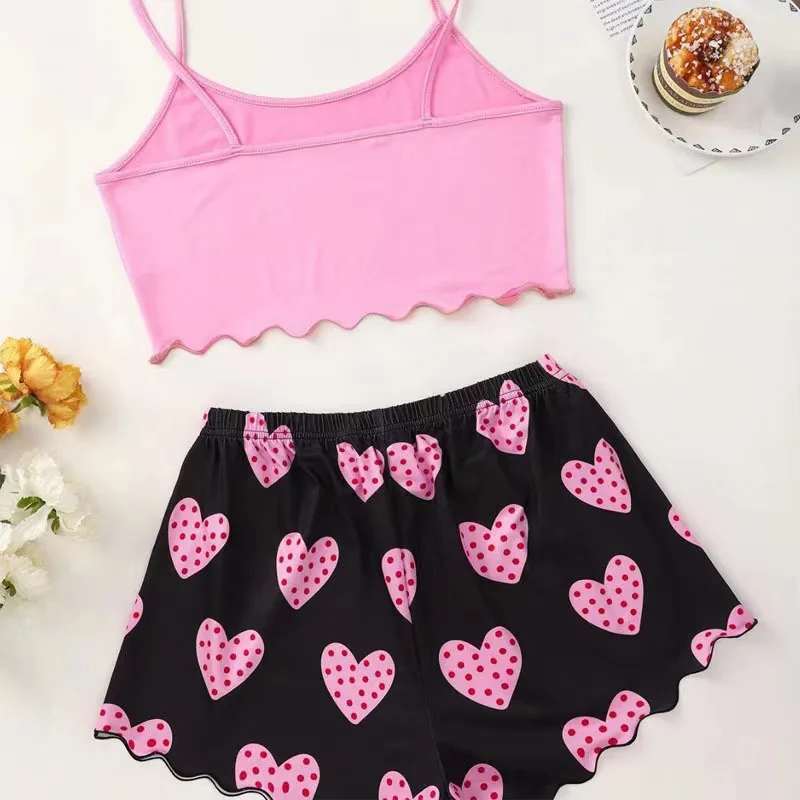 Women\'s Pajamas Set Sleepwear 2 PCS Short Tank Tops And Shorts S M L Pink Ventilate Soft Casual Love Print