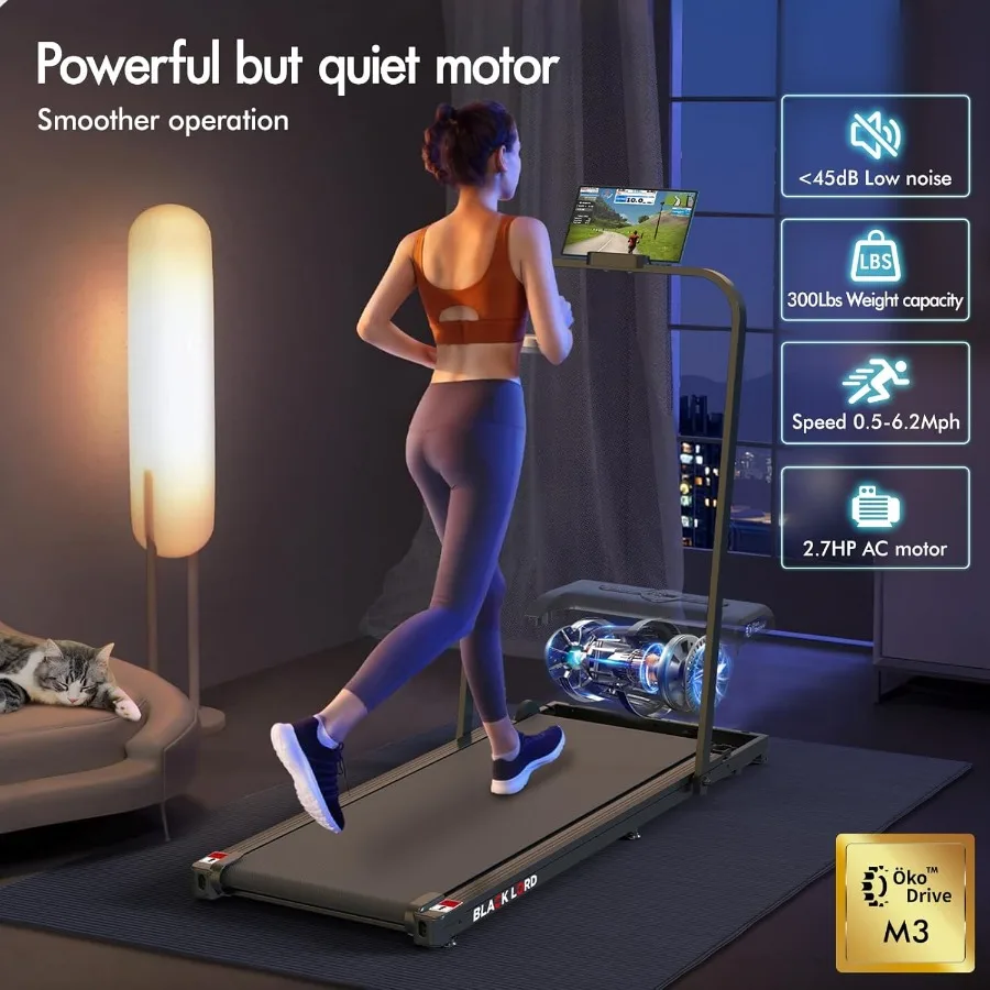 وسادة مشي 4 في 1 مع شريط مقود، جهاز مشي هادئ قابل للطي تحت المكتب بسعة 2.7 حصان مع مكبر صوت بلوتوث، مداس جري صغير محمول