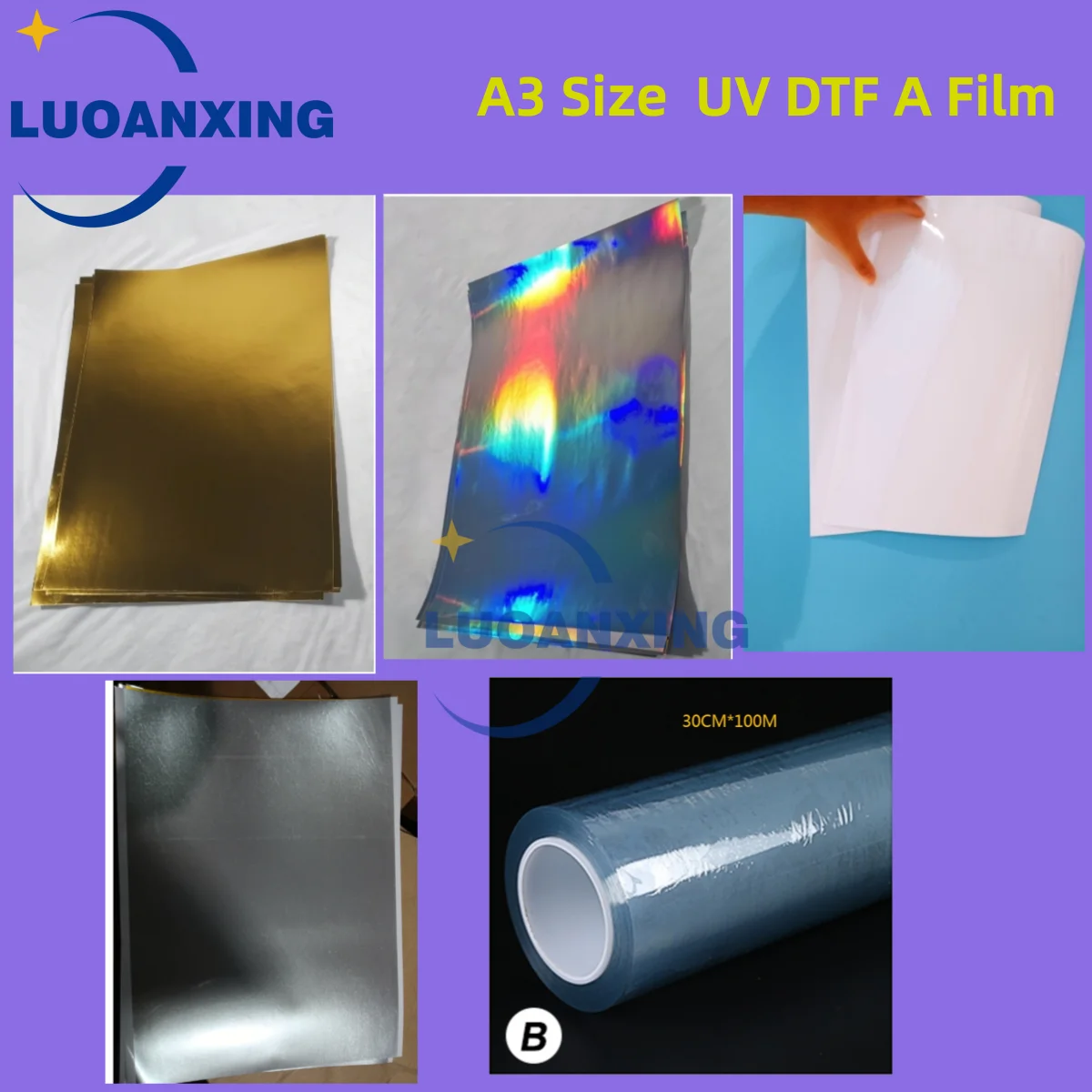 A3 Size 100 pieces UV DTF A Film 30cm x 100m AB Film Crystal Label Sticker Universal Printing UV DTF Film Roll