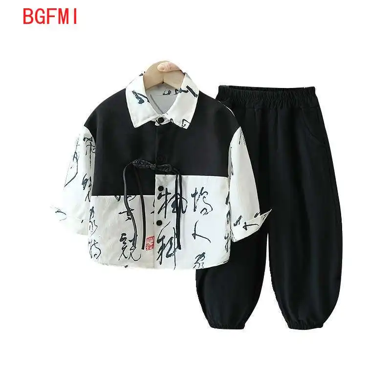 Boys\' Hanfu Chinese Style Set Thin Shirt Pants 2pcs Suits Spring and Autumn 2024 New Children\'s Tang Dynasty Fashion Clothes