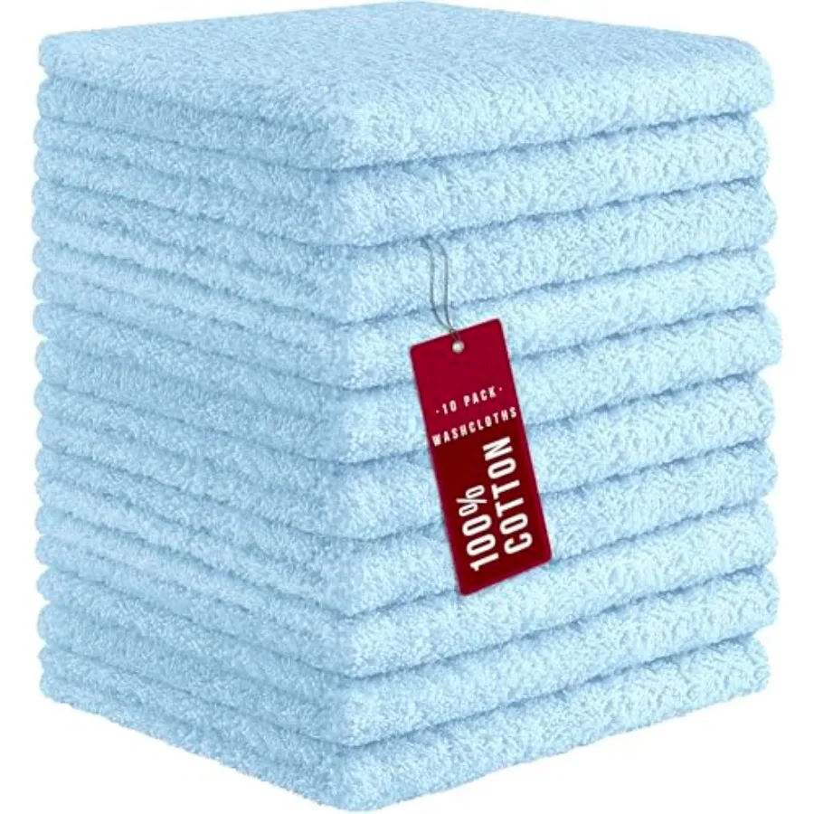 

10 Pack 100% Cotton Wash Cloth, Luxurious Soft, 12 x 12 inch Ultra Absorbent, Machine Washable Washcloths, Baby Blue 10 Pack