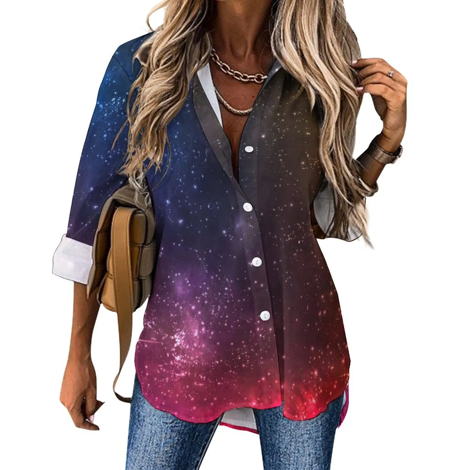 

Colourful Galaxy Loose Blouse Nebula And Bright Stars Casual Oversize Blouses Female Long-Sleeve Funny Shirt Autumn Printed Top