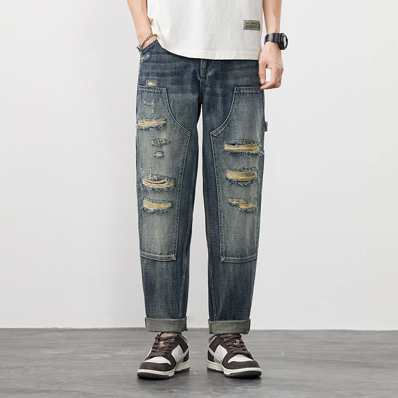 

Мешковатые джинсы высокого качества с рваными нашивками, корейская мода, свободная мужская одежда, уличная одежда, джинсовые мужские брюки-карго, брюки в стиле Харадзюку