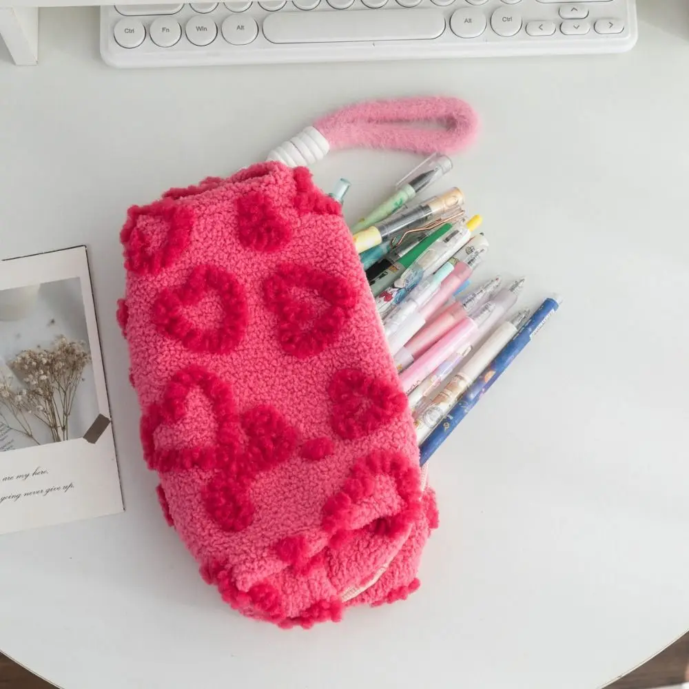 Kawaii Berber Fleece Pencil Case Large Capacity Love Heart Pattern Stationery Bag Lifting Rope Pencil Pouch Student