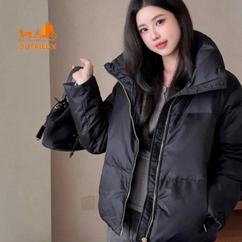 Chaqueta de plumón corta de moda clásica para mujer, relleno de plumón de ganso blanco 90%, abrigo grueso cálido informal holgado para mujer, novedad de invierno de 2025