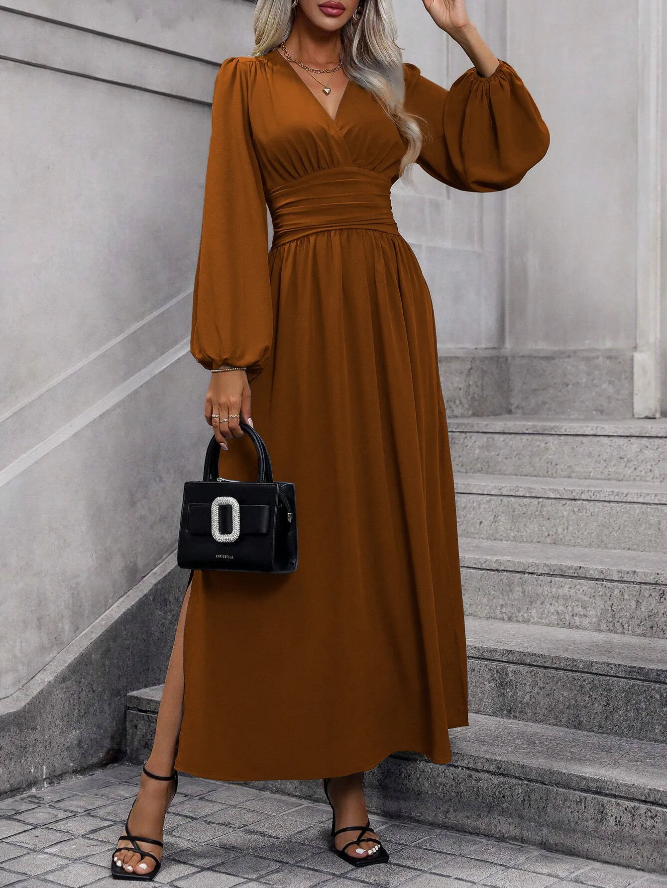 Französisches Retro-Kleid mit Laternenärmeln und Schlitz für Damen, Winter 2025, Strick-Bodycon-Maxikleid – Detail 27