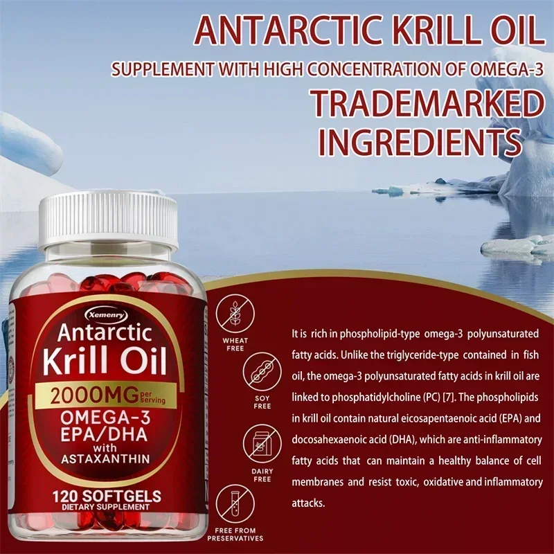 Antarctic Krill Oil Capsules - with Omega 3,EPA, DHA,Supports Bone, Heart, Brain, Joint & Skin Health, Boosts Immunity
