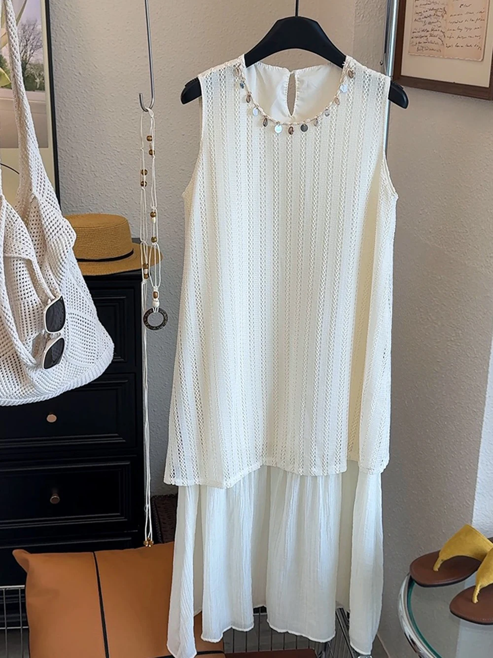 Summer New Sweet Bohemian Long Dress 2025 Summer New Women's Sleeveless Vest Tassel Dress Hollow Out Splice Trendy Maxi Dress