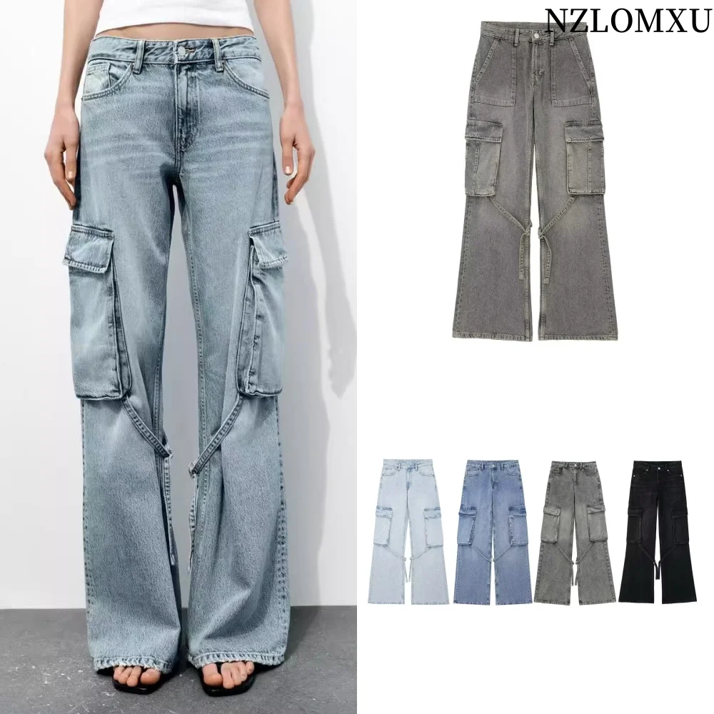 

2025 Autumn Denim Streetwear Women Flare Trousers Fashion Pockets Y2K Cool Girl Loose Sporty Cargo Pants