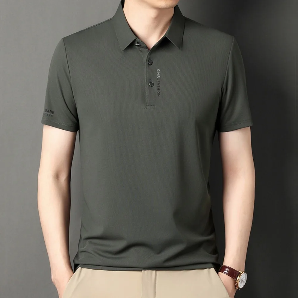 Summer Men Ice Silk Polo Shirt High-End T-Shirt Solid Color New Half Sleeve Non-Marking Casual Lapels Business Thin Menswear