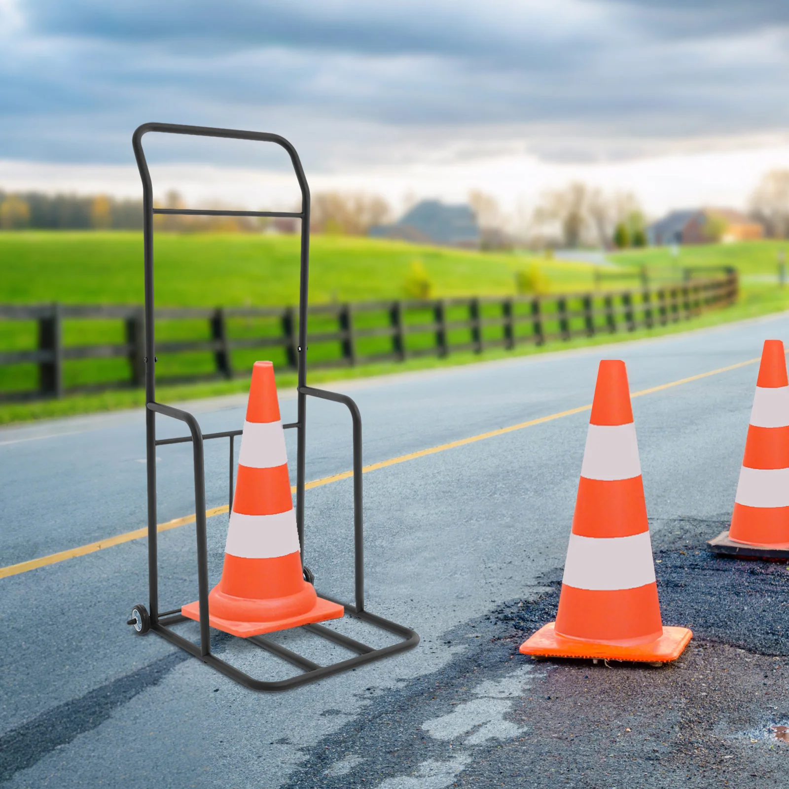 

Traffic Cone Cart, Black Traffic Cones Holder With Wheels, Iron Traffic Cone Cart 49.5*47*125cm