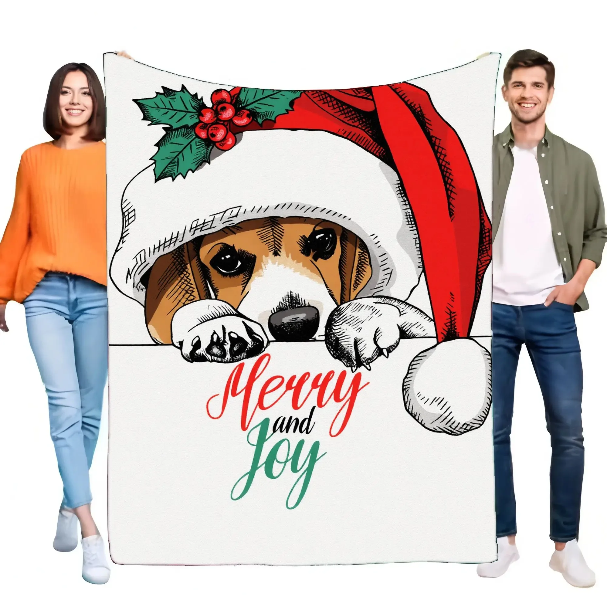 

Merry and Joy Beagle Dog Christmas Blanket Cozy Soft Throw Perfect for Home Decor Holiday Gift for Dog Lovers