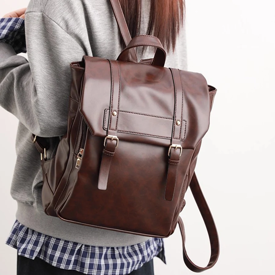 Soft Leather Flip Backpack For Girls Women/Man Cambridge Schoolbag Large Capacity For Commuting Daily Computer Laptop Rucksack