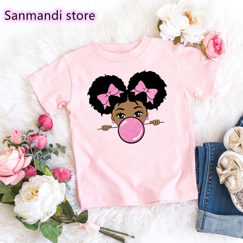 

New Kawaii Black Girls Blowing Bubbles Print Tshirt Cute Kids Clothes Melanin Poppin T Shirt Harajuku Shirt Summer Short Sleeve