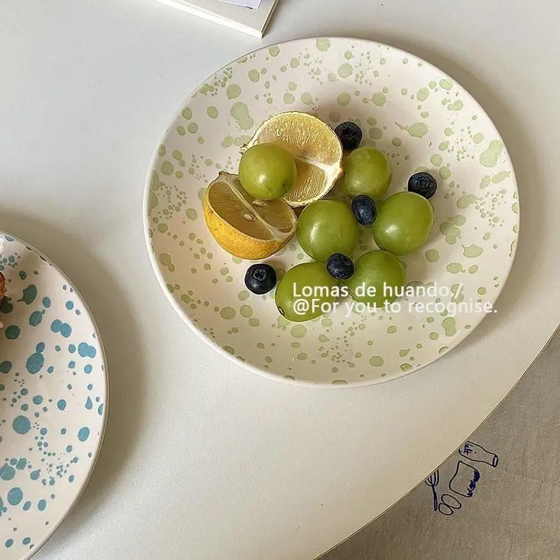 Plate Fresh Color Polka Dot Splash Ink Fruitcake Ceramic Western Plate Breakfast Home High Appearance Level