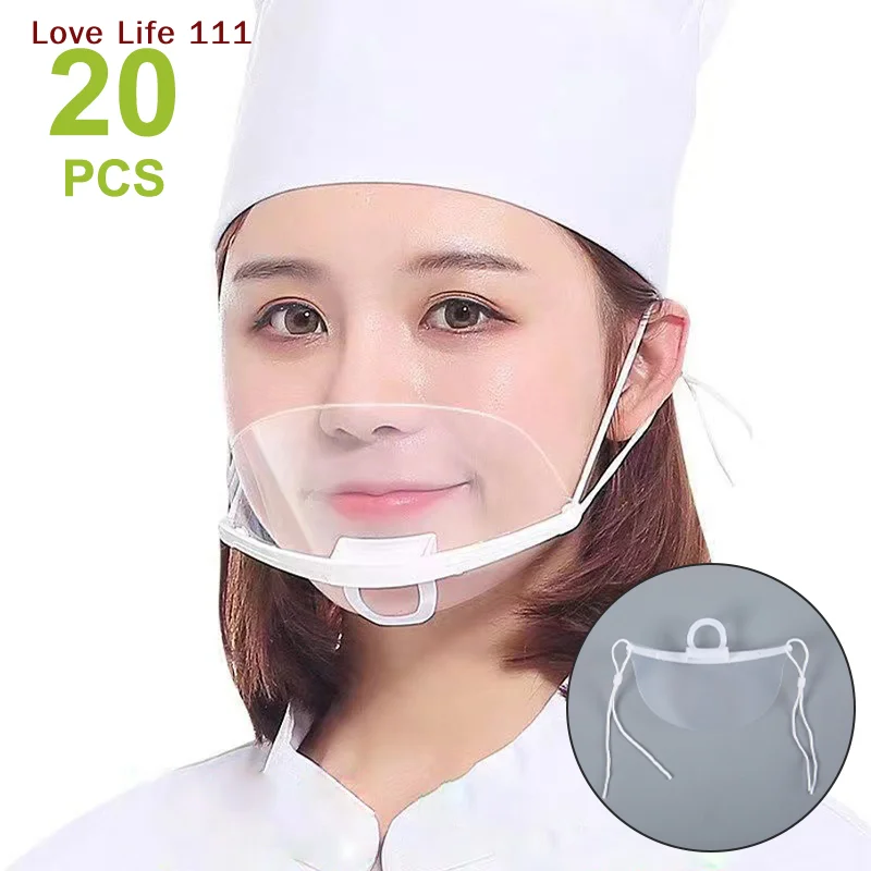 

Новинка, 20 шт., прозрачная пластиковая маска для общественного питания, отель, красота, шеф-повар, защитная маска для официанта, многоразовая видимая брызгозащищенная маска
