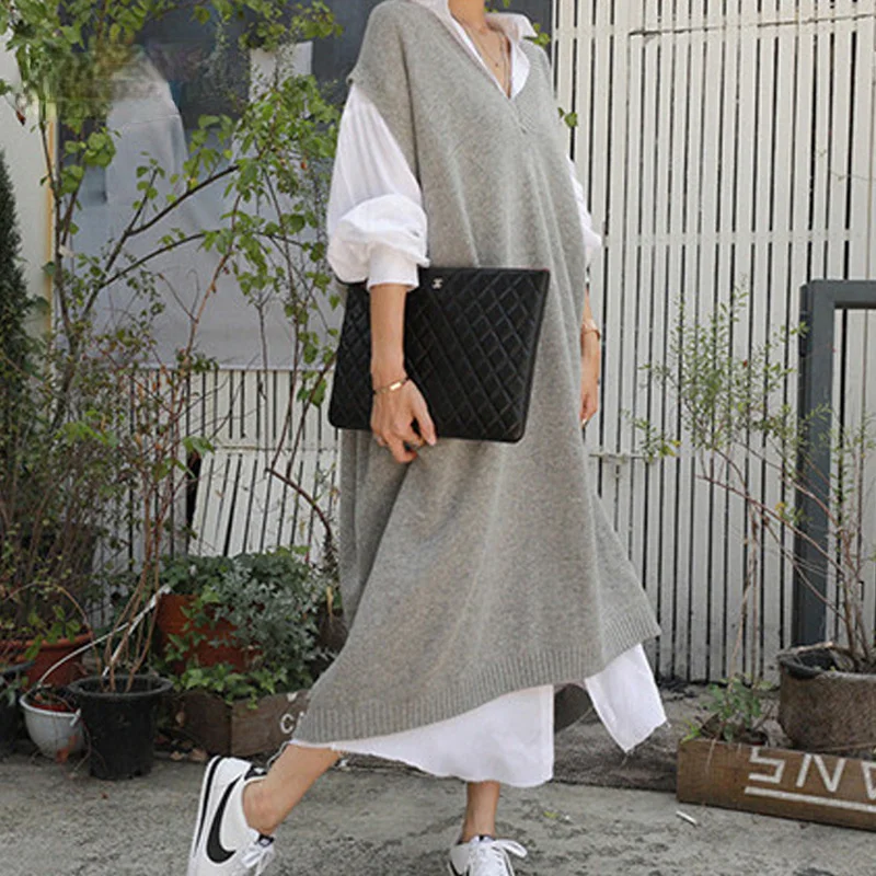 Vintage Casual Winter Oversize Thick Straight Sleeveless Sweater Dress Women Knitted Long Dress Female Knitted Vest Dresses 2023